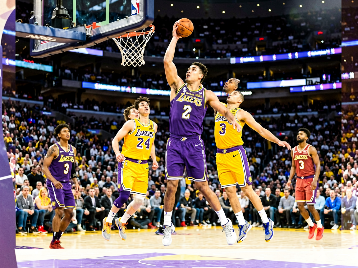NBA常规赛湖人队比赛现场,球员突破上篮